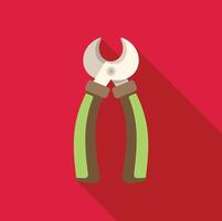 Green cable cutter pliers tool for electrician repairing with long shadow on red background vector