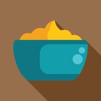 Blue bowl overflowing with delicious yellow cheese dip in flat design style vector