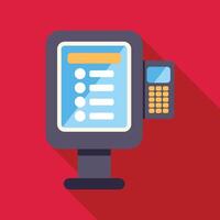Electronic kiosk is standing on red background with buttons to press and keypad on right side vector
