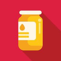 Glass jar with yellow liquid and white blank label is standing on red background vector