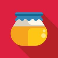 Glass jar full of honey with blue cap is standing on red background vector
