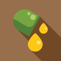 Green and yellow pill spilling liquid medicine on brown background vector