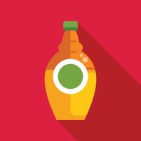 Yellow glass bottle containing syrup with green label on red background vector