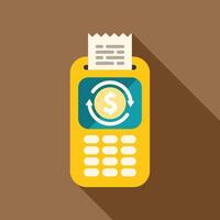 Yellow pos terminal printing receipt showing money circulation symbol on blue screen vector