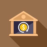 Bank building showing rotating dollar coin money circulation concept vector