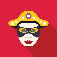 Venetian carnival mask with yellow hat is posing on red background vector