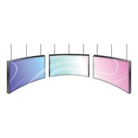 Three digital signage displays hanging showing colorful content vector