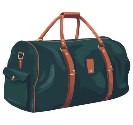 A green duffel bag with brown straps