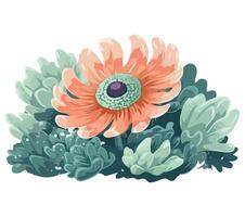 An orange flower with green leaves and a blue eye vector