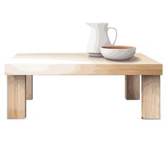 A wooden table with a pitcher and cup on it vector