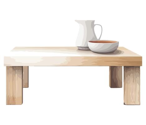 A wooden table with a pitcher and cup on it