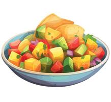 A bowl of fruit salad with chips and salsa vector