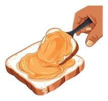 Hand holding spoon over slice of bread with peanut butter vector