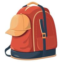 A red backpack with a baseball cap on it vector