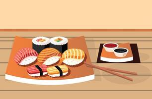 Various kinds of sushi served on plate vector