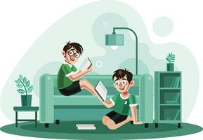 Two brothers reading books at home vector
