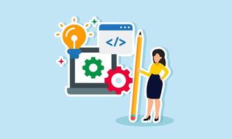 Programming languages, a programmer performing maintenance and innovating company websites or apps concept of A businessman with a pencil correcting and maintaining programs on his laptop vector