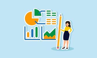 Profit data analysis using diagrams, pie charts, and area charts concept of A businesswoman with a pencil analyzing and correcting data in diagrams, pie charts, and area charts vector