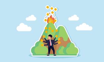 High profits from mining resources, generating a lot of money that is sought after concept of A businessman trying to catch as much profit as possible from a volcano erupting coins vector