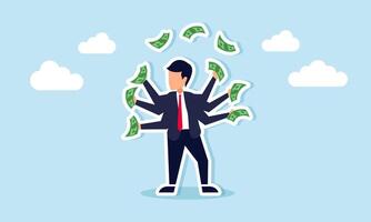 Profit from various fields, earnings from multiple sectors concept of Lots of money flying around, being caught by a businessman with many hands vector
