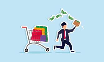 Large amounts of money spent on personal or business expenses concept of A businessman running with a wallet full of cash while being chased by a shopping cart vector