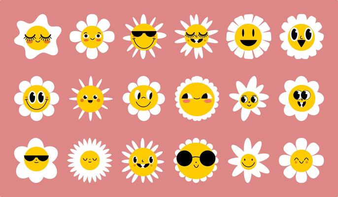 Daisy flowers with cartoon funny smiling faces, chamomile characters. Cute camomile happy emotion. Kids logo design with daisies set. Illustration of smile floral flower, bloom camomile