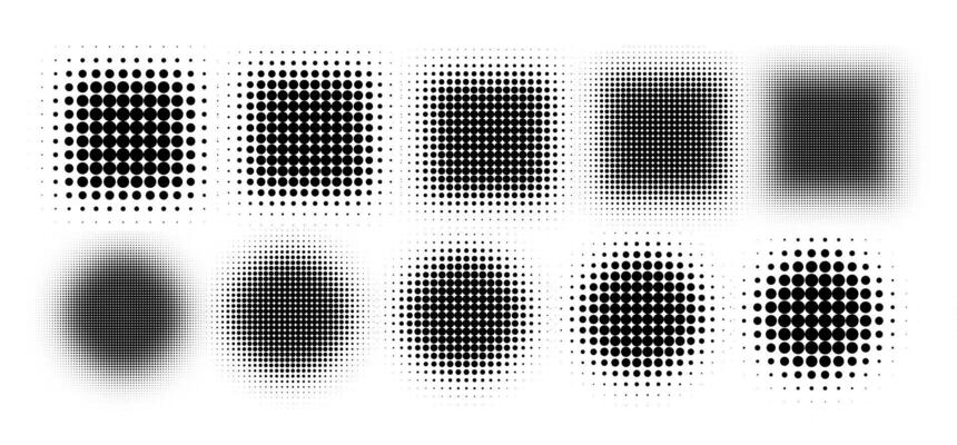 Circle halftone. Abstract dotted circles, round halftones geometric dots gradient and pop art texture. Dot spray gradation set. Illustration halftone gradient spotted, effect round
