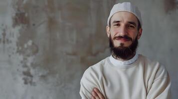 Smiling Muslim Man with Beard and Crossed Arms Pose photo