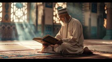 A Muslim man is reading the Quran in a peaceful setting with a dim and serene nighttime background. photo