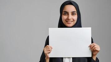 Woman in Hijab Smiling and Holding a Blank Paper photo
