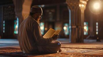 A Muslim man is reading the Quran in a peaceful setting with a dim and serene nighttime background. photo