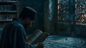 A Muslim man is reading the Quran in a peaceful setting with a dim and serene nighttime background. photo