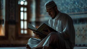 A Muslim man is reading the Quran in a peaceful setting with a dim and serene nighttime background. photo