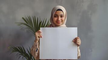 Cheerful Woman in Hijab Presenting an Empty Sheet photo