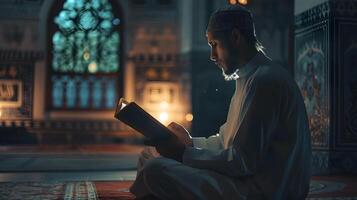 A Muslim man is reading the Quran in a peaceful setting with a dim and serene nighttime background. photo