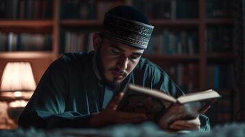 A Muslim man is reading the Quran in a peaceful setting with a dim and serene nighttime background. photo