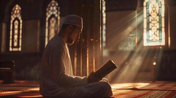 A Muslim man is reading the Quran in a peaceful setting with a dim and serene nighttime background. photo