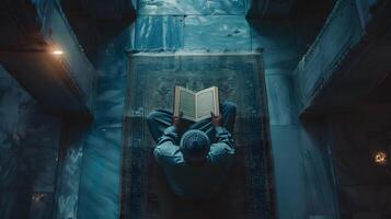 An overhead angle shows a Muslim man reading the Quran in a peaceful setting with a dim and serene nighttime background. photo