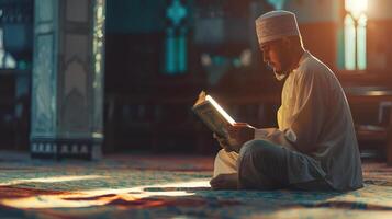 A Muslim man is reading the Quran in a peaceful setting with a dim and serene nighttime background. photo