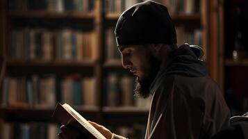 A Muslim man is reading the Quran in a peaceful setting with a dim and serene nighttime background. photo