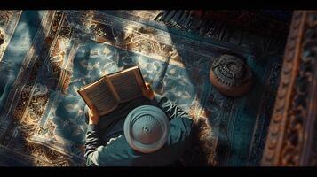 An overhead angle shows a Muslim man reading the Quran in a peaceful setting with a dim and serene nighttime background. photo
