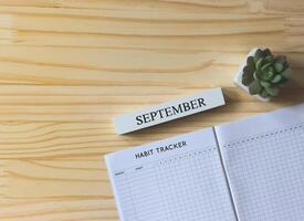 flat lay of habit tracker book with succulent plant pot and wooden calendar June on wooden table background with copy space, self development concept. photo