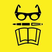 Illustration of an empty book with an eyeglass and a ballpen on a yellow background vector