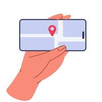 Hand Holding Mobile Phone Looking at Map vector