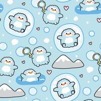Seamless pattern of cute penguin play soap bubble.Penguin stay in bubble on ice and mountain background.Pole.Snow.Winter.Bird animal character cartoon design.Kawaii.Illustration. vector