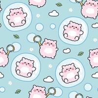 Seamless pattern of cute pig play soap bubble.Pig stay in bubble on sky background.Cloud,leaf,flower.Fun.Play.Farm animal character cartoon design.Kawaii.Illustration. vector