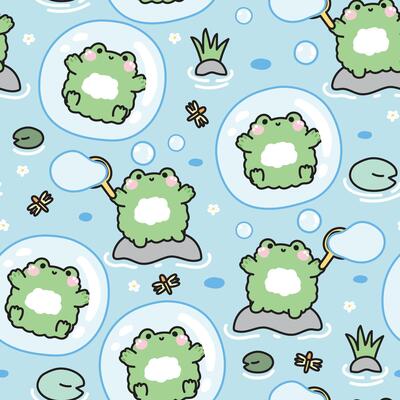 Seamless pattern of cute frog play soap bubble on the stone in the river at jungle.Frog stay in bubble and dragonfly on sky background.Reptile animal character cartoon design.Kawaii