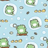 Seamless pattern of cute crocodile play soap bubble on the wood with duck in the river background.Crocodile stay in bubble and dragonfly.Reptile animal character cartoon design.Kawaii. vector