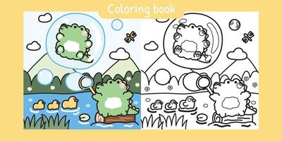 Coloring book.Painting book for kid.Cute crocodile play soap bubble on the wood with duck in the river at jungle.Crocodile stay in bubble and dragonfly on sky background.Reptile animal cartoon. vector