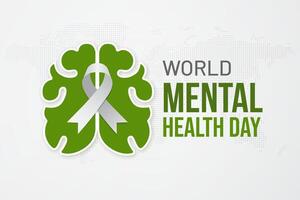 World Mental Health Day with brain and ribbon illustration on dotted map background vector